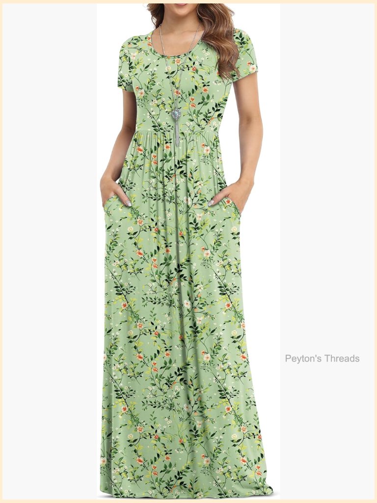 Short Sleeve Maxi Dress With Pockets, Round Neck, A-Line Silhouette